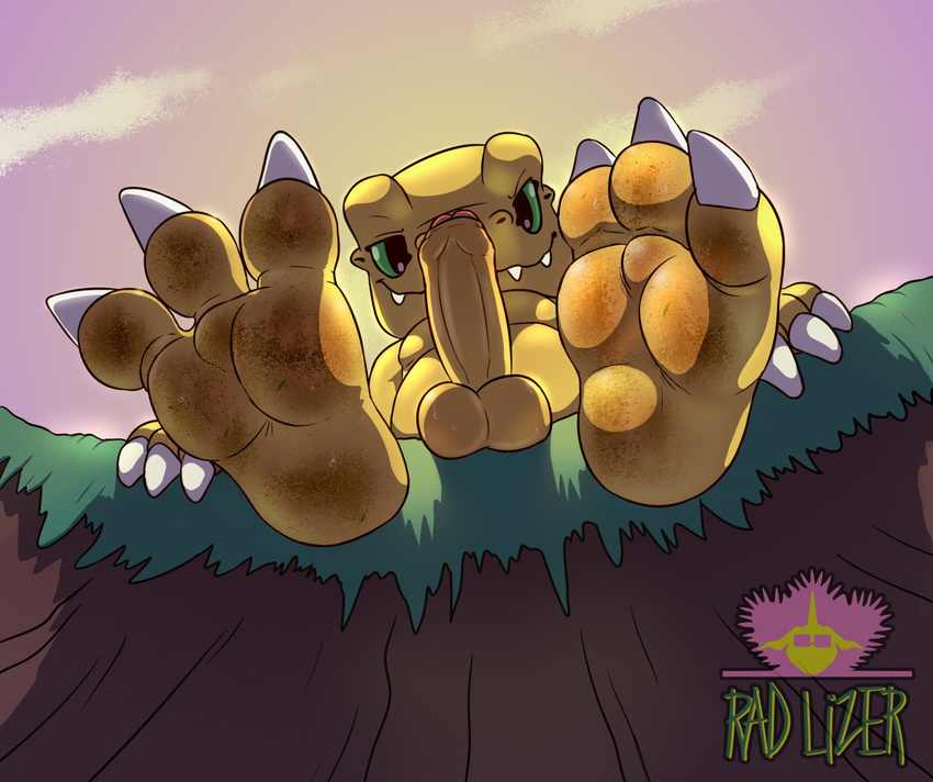 3_toes agumon anthro balls claws digimon dinosaur dirty_feet erection feet foot_focus green_eyes hindpaw humanoid_penis male musk nude paws penis plantigrade rad-lizer scalie smile soles solo sweat teeth toe_claws toes uncut