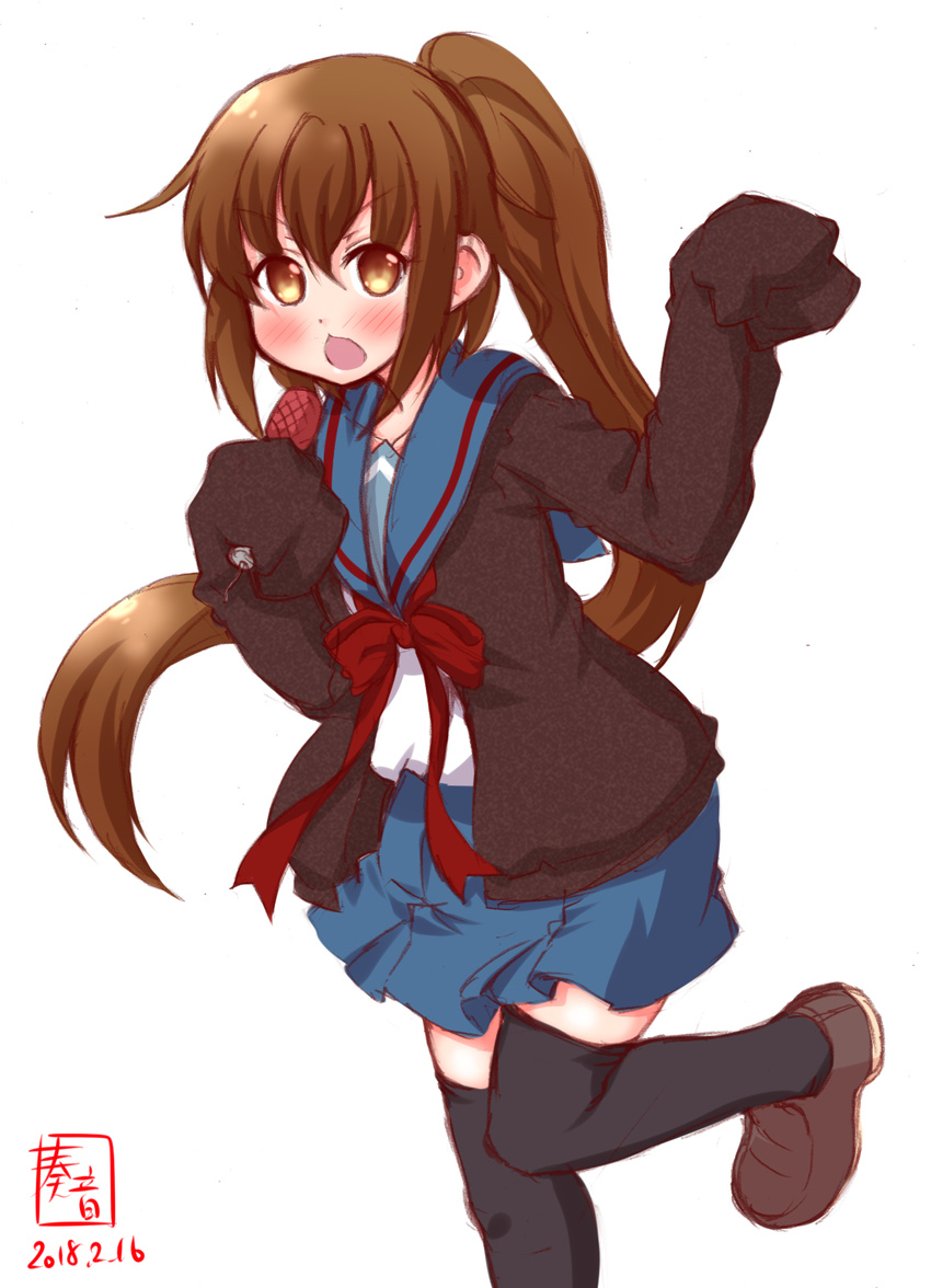 artist_logo black_legwear black_sweater blue_sailor_collar blue_skirt brown_eyes brown_hair cardigan chestnut_mouth commentary cosplay dated fumizuki_(kantai_collection) highres kanon_(kurogane_knights) kantai_collection kita_high_school_uniform kyonko kyonko_(cosplay) loafers long_hair long_sleeves look-alike looking_at_viewer microphone neckerchief pleated_skirt ponytail red_neckwear sailor_collar school_uniform serafuku shoes simple_background skirt sleeves_past_fingers sleeves_past_wrists solo suzumiya_haruhi_no_yuuutsu sweater thighhighs white_background