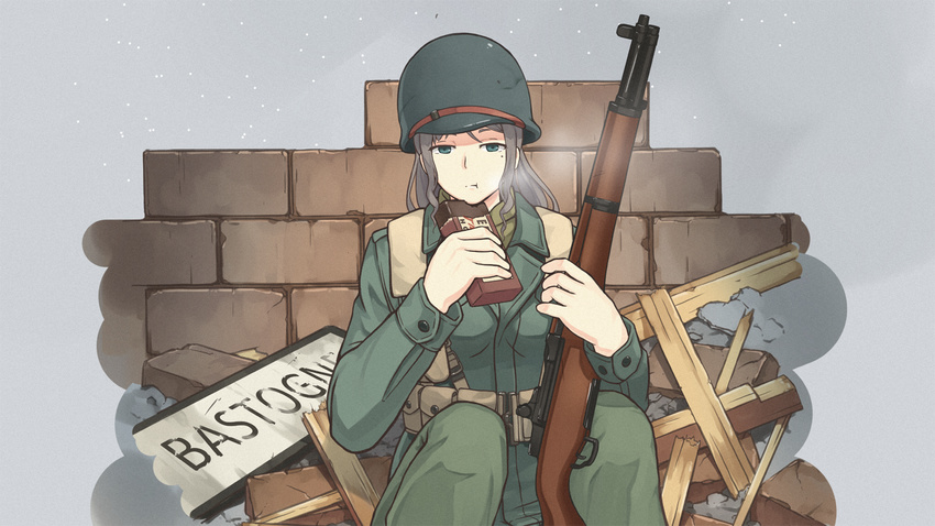 breasts brick_wall chocolate_bar commentary_request debris eating green_eyes gun helmet highres holding holding_gun holding_weapon m1_garand mikado_(winters) military military_uniform original rifle rubble sign sitting snowing solo uniform wall weapon wood