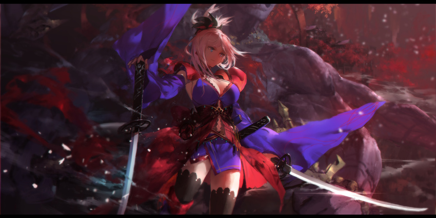 absurdres architecture blue_eyes breasts cleavage east_asian_architecture fate/grand_order fate_(series) hand_on_hilt highres katana medium_breasts miyamoto_musashi_(fate/grand_order) navel pink_hair planted_sword planted_weapon swd3e2 sword weapon wide_sleeves