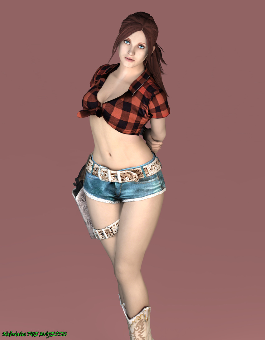 1girl 3d belt blue_eyes boots breasts claire_redfield cowgirl female hands_on_back hips legs long_hair looking_at_viewer medium_breasts navel ponytail red_hair resident_evil revolver shorts simple_background smile solo stomach the_majestic thick_thighs thighs wide_hips