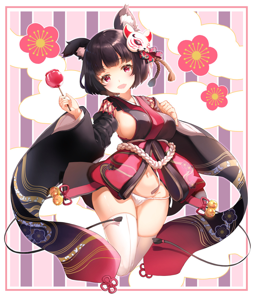 animal_ears azur_lane bell black_hair black_kimono blush border breasts candy_apple cat_ears cat_mask eyebrows_visible_through_hair flower food front-seamed_legwear groin hair_flower hair_ornament hand_on_own_chest head_tilt highres holding holding_food japanese_clothes jingle_bell kimono kneeling large_breasts long_sleeves looking_at_viewer mask mask_on_head medium_breasts navel no_pants obi panties pink_border sash seamed_legwear shiny shiny_hair shiosoda short_hair sideboob solo stomach striped striped_background tareme tassel thighhighs underwear vertical-striped_background vertical_stripes white_legwear white_panties wide_sleeves yamashiro_(azur_lane)