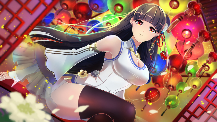 azur_lane bangs bare_shoulders black_hair black_legwear blunt_bangs blurry breasts china_dress chinese_clothes cleavage_cutout colorful covered_navel crossed_legs depth_of_field detached_sleeves dress dutch_angle eyebrows eyebrows_visible_through_hair flower gaku_(pixiv11277098) hair_flower hair_ornament highres lantern large_breasts long_hair looking_at_viewer petals red_eyes see-through short_dress sitting sleeveless sleeveless_dress solo straight_hair tassel taut_clothes taut_dress thighhighs turtleneck white_dress wide_sleeves yat_sen_(azur_lane) zettai_ryouiki