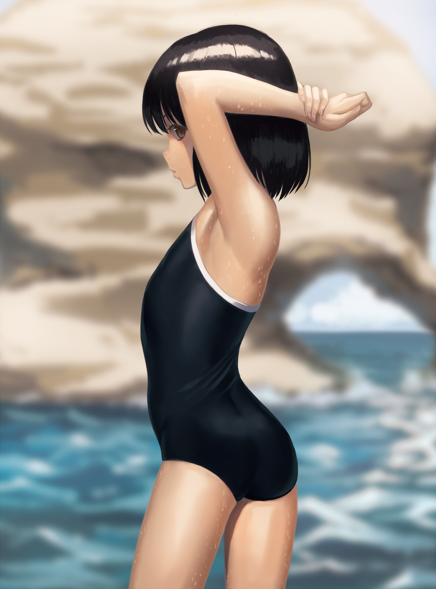 armpits arms_up ass beach black_hair blue_swimsuit blurry blurry_background brown_eyes closed_mouth commentary_request competition_school_swimsuit day depth_of_field flat_chest from_behind highres looking_at_viewer looking_back one-piece_swimsuit original outdoors ranma_(kamenrideroz) school_swimsuit shiny shiny_hair shiny_skin short_hair solo standing swimsuit water wet