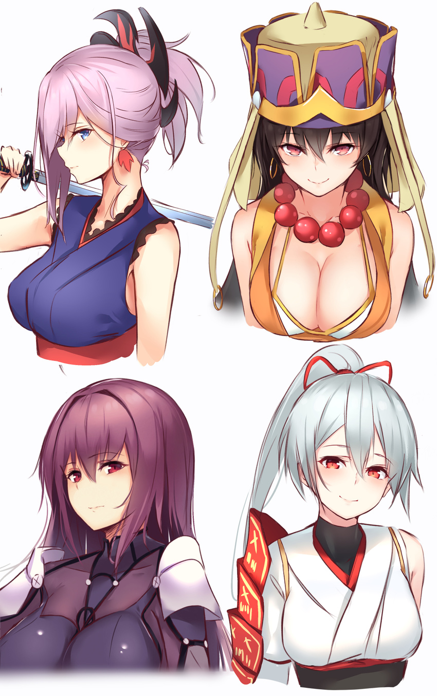 asymmetrical_hair asymmetrical_sleeves black_hair blue_eyes blue_kimono bodysuit borushichi breasts breasts_apart cleavage collarbone earrings eyebrows_visible_through_hair fate/grand_order fate_(series) hair_between_eyes hair_ribbon hat head_tilt high_ponytail highres holding holding_sword holding_weapon japanese_clothes jewelry katana kimono large_breasts long_hair looking_at_viewer medium_breasts miyamoto_musashi_(fate/grand_order) multiple_girls pink_hair purple_hair red_eyes red_ribbon ribbon scathach_(fate)_(all) scathach_(fate/grand_order) silver_hair simple_background sleeveless sleeveless_kimono smile sword tomoe_gozen_(fate/grand_order) upper_body very_long_hair weapon white_background white_kimono xuanzang_(fate/grand_order)