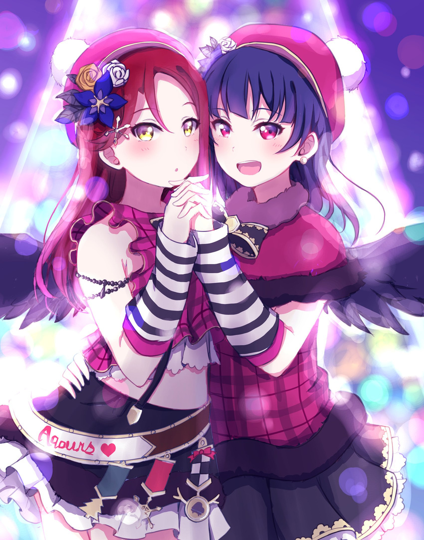 :d black_skirt black_wings blue_flower blue_hair capelet cowboy_shot crop_top detached_sleeves earrings feathered_wings feathers flower fur_trim hair_feathers hair_flower hair_ornament hand_on_another's_hip hat highres holding_hands idol interlocked_fingers jewelry long_hair love_live! love_live!_sunshine!! mia_(fai1510) midriff miniskirt multiple_girls open_mouth pleated_skirt purple_feathers red_eyes red_hair red_hat sakurauchi_riko skirt sleeveless smile standing stomach striped_sleeves suspender_skirt suspenders tsushima_yoshiko white_flower wings yellow_eyes