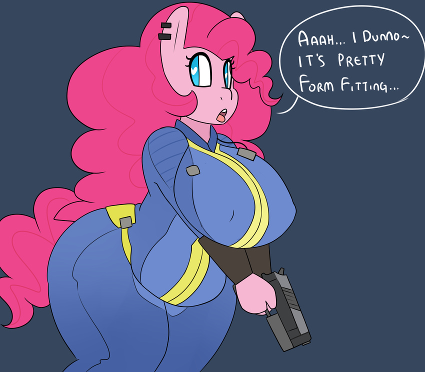 2015 anthro anthrofied big_breasts breasts earth_pony english_text equine erect_nipples female friendship_is_magic gun horse huge_breasts mammal my_little_pony nipple_bulge nipples pinkie_pie_(mlp) pony ranged_weapon solo somescrub text weapon