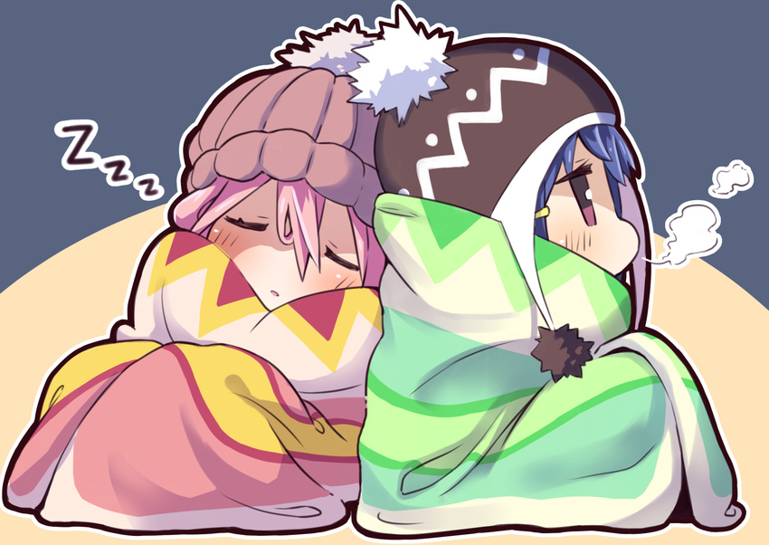 2girls beanie blanket blue_hair blush breath chibi closed_mouth full_body hair_between_eyes hair_ornament hairclip hat kagamihara_nadeshiko leaning_to_the_side multiple_girls outline parted_lips pink_eyes pink_hair profile shima_rin sitting sleeping yurucamp zzz