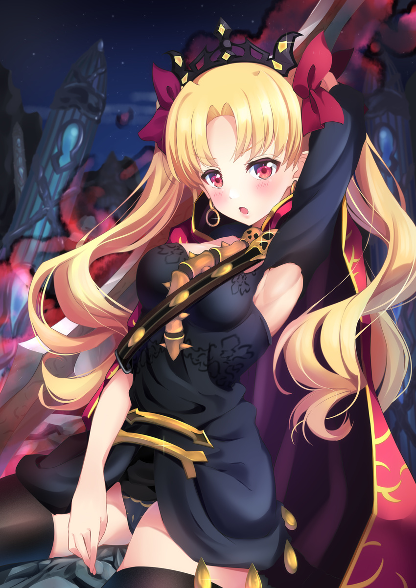 :d absurdres arm_up armpits black_legwear black_leotard blonde_hair blush breasts detached_sleeves earrings ereshkigal_(fate/grand_order) eyebrows_visible_through_hair fate/grand_order fate_(series) floating_hair hair_ribbon highres holding holding_weapon jewelry leotard long_hair looking_at_viewer medium_breasts nanamira_bi night open_mouth outdoors red_eyes red_ribbon ribbon sideboob sitting smile solo thighhighs twintails very_long_hair weapon