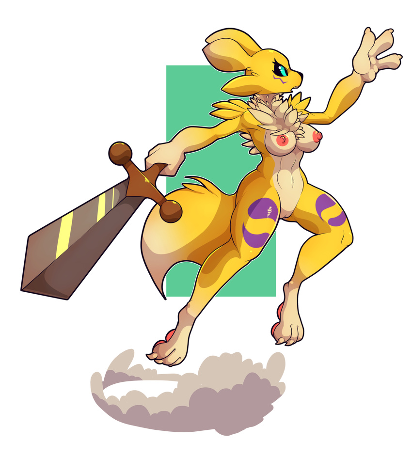 2018 alpha_channel anthro areola black_sclera blue_eyes breasts claws digimon dipstick_ears dipstick_tail facial_markings female hi_res holding_object holding_weapon markings melee_weapon multicolored_tail nipples pussy renamon snappygrey solo sword weapon