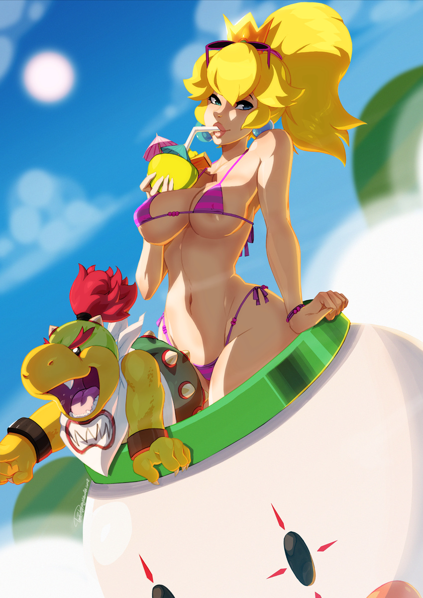 areola_slip areolae bikini blonde_hair blue_sky blurry bowser_jr. bracelet breasts cocktail_umbrella day depth_of_field drinking_straw eyewear_on_head fangs highres jewelry looking_at_viewer mario_(series) medium_breasts navel princess_peach riding sky smile stomach sunglasses super_mario_bros. swimsuit thong_bikini tovio_rogers