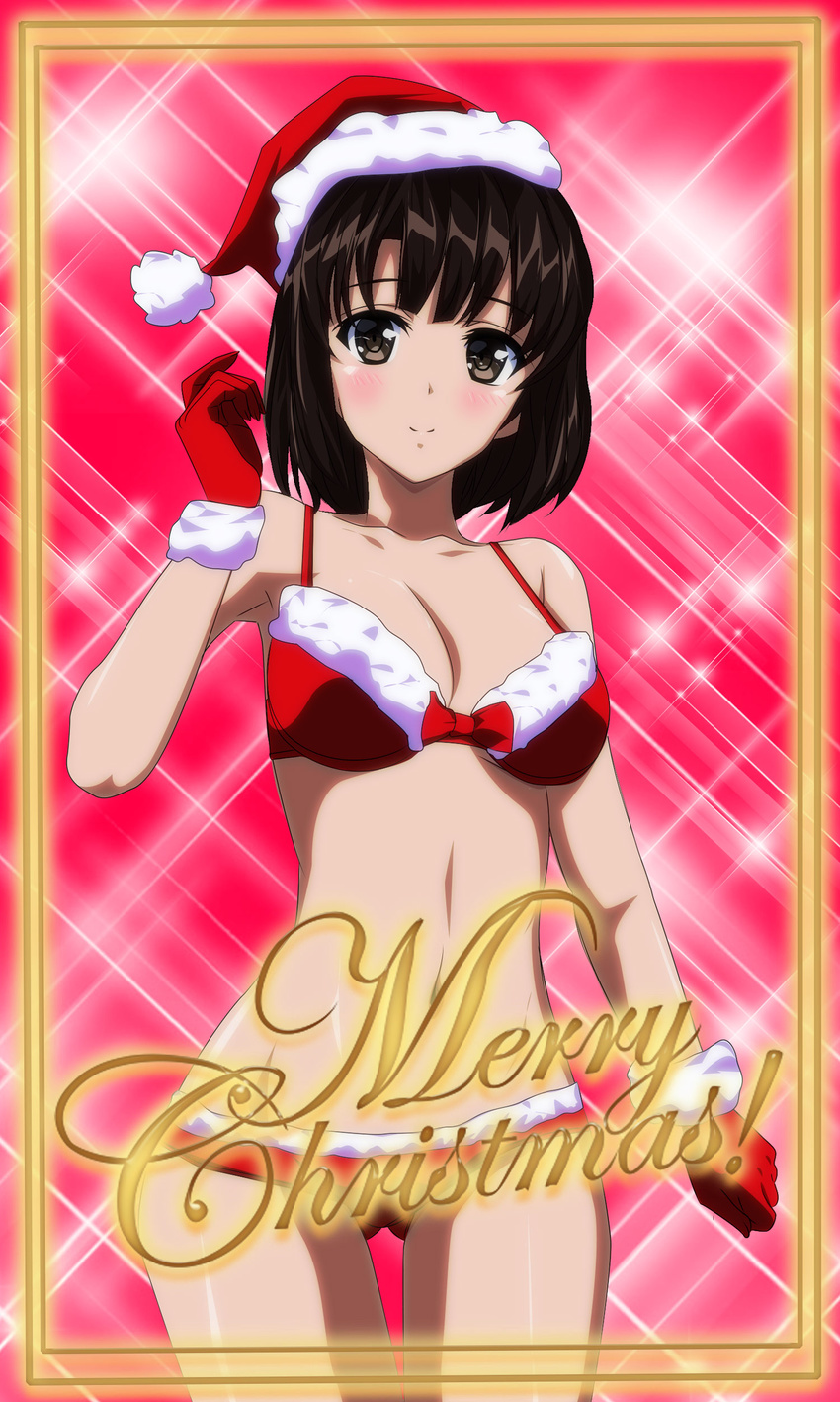 absurdres black_hair blush bow bra breasts brown_eyes cleavage collarbone cowboy_shot fur_trim gentoku gloves hat highres katou_megumi looking_at_viewer medium_breasts merry_christmas navel panties red_bow red_bra red_gloves red_hat red_panties saenai_heroine_no_sodatekata santa_costume santa_gloves santa_hat shiny shiny_skin short_hair smile solo standing underwear underwear_only