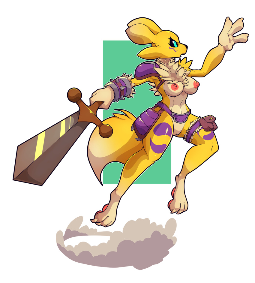 2018 alpha_channel anthro areola black_sclera blue_eyes breasts claws digimon dipstick_ears dipstick_tail facial_markings female hi_res holding_object holding_weapon markings melee_weapon multicolored_tail nipples pussy renamon snappygrey solo sword weapon