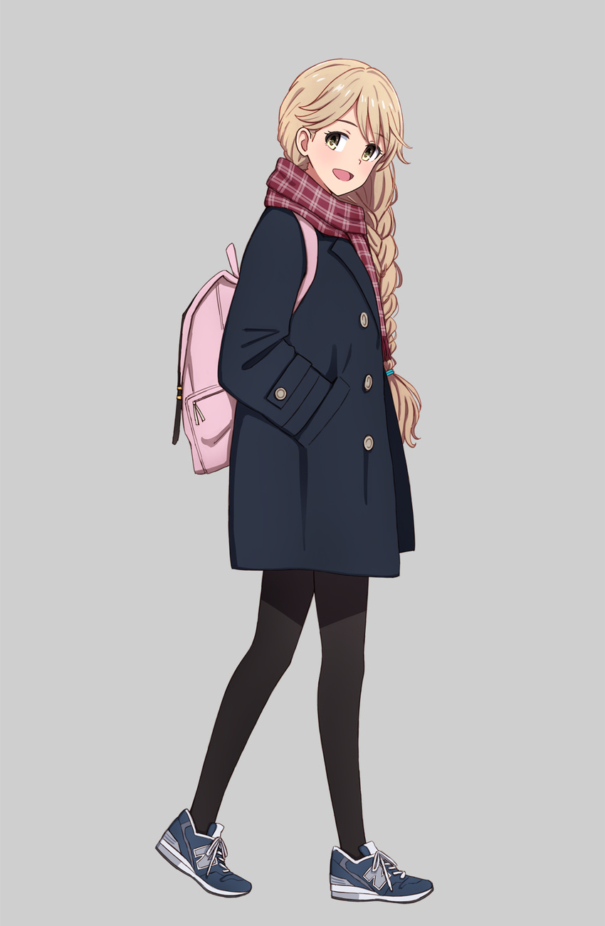 :d backpack bag black_coat black_legwear blonde_hair blue_footwear blush braid coat from_side full_body green_eyes grey_background hair_over_shoulder hair_tie hand_in_pocket highres long_hair long_sleeves looking_at_viewer looking_to_the_side open_clothes open_coat open_mouth original pantyhose plaid plaid_scarf purple_scarf scarf shiny shiny_hair shoes simple_background single_braid smile sneakers solo tareme walking yahiro_(epicopeiidae)