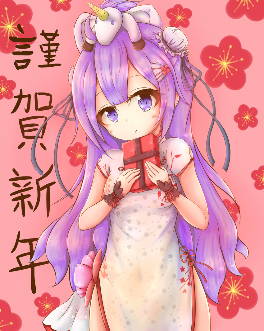 absurdres azur_lane black_ribbon blush box bun_cover china_dress chinese_clothes chinese_new_year closed_mouth commentary_request double_bun dress floral_background flower gift gift_box happy_new_year head_tilt highres holding holding_gift long_hair new_year on_head pelvic_curtain pink_background pink_flower purple_eyes purple_hair ribbon short_sleeves side_slit smile solo stuffed_alicorn stuffed_animal stuffed_toy translation_request tsumiko96 unicorn_(azur_lane) very_long_hair white_dress wrist_cuffs