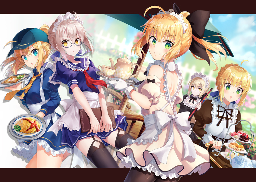 ahoge alternate_costume apron artoria_pendragon_(all) bare_shoulders black_bow black_legwear black_neckwear black_ribbon blonde_hair blue-framed_eyewear blue_eyes blue_ribbon blue_serafuku blue_shirt blue_skirt bow bowtie day dress eyebrows_visible_through_hair fate/grand_order fate/stay_night fate/unlimited_codes fate_(series) food frilled_apron frills garter_straps glasses gloves green_eyes hair_bow hair_ribbon holding holding_menu holding_tray letterboxed looking_at_viewer maid_headdress miniskirt multiple_girls mysterious_heroine_x mysterious_heroine_x_(alter) neck_ribbon neckerchief necktie nonono omelet open_mouth outdoors outside_border pantyhose pleated_skirt red_neckwear ribbon rojiura_satsuki:_chapter_heroine_sanctuary saber saber_alter saber_lily semi-rimless_eyewear shirt short_dress short_sleeves sidelocks silver_hair skirt sleeveless sleeveless_dress smile thighhighs tied_hair tray visor_cap white_dress white_gloves yellow_eyes yellow_neckwear