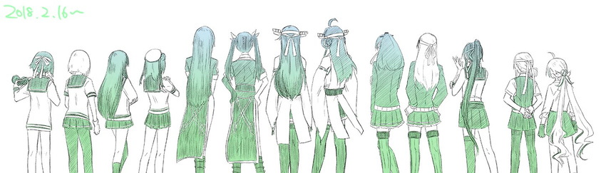 6+girls adjusting_clothes adjusting_gloves ahoge arms_behind_back asymmetrical_hair asymmetrical_legwear bad_id bad_twitter_id bare_shoulders beret binoculars chikuma_(kantai_collection) crossed_arms dated detached_sleeves double_bun dress elbow_gloves feet_out_of_frame from_behind gloves hair_ribbon hairband hamakaze_(kantai_collection) hands_on_hips haruna_(kantai_collection) hat headband headgear isokaze_(kantai_collection) japanese_clothes kantai_collection kiyoshimo_(kantai_collection) kneehighs kongou_(kantai_collection) kumano_(kantai_collection) long_hair long_sleeves low_twintails monochrome multicolored_hair multiple_girls nontraditional_miko nowaki_(kantai_collection) pantyhose pelvic_curtain pleated_skirt ponytail ribbon ribbon-trimmed_sleeves ribbon_trim sailor_collar sailor_dress sebas_murasaki shirt short_hair short_sleeves simple_background single_glove single_thighhigh skirt sleeveless sleeveless_dress suzuya_(kantai_collection) thighhighs tone_(kantai_collection) twintails two-tone_hair urakaze_(kantai_collection) white_background wide_sleeves yahagi_(kantai_collection) yukikaze_(kantai_collection)