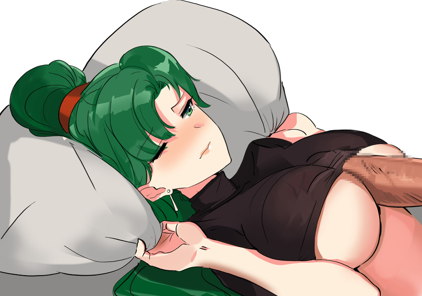 bangs black_shirt blush breasts censored closed_mouth crop_top dark_penis earrings eyebrows_visible_through_hair fire_emblem fire_emblem:_rekka_no_ken from_side frown green_eyes green_hair hetero highres jewelry large_breasts lips long_hair lyndis_(fire_emblem) mosaic_censoring no_bra nose_blush ormille paizuri paizuri_under_clothes penis pillow pillow_grab shiny shiny_hair shirt simple_background solo_focus underboob upper_body waking_up white_background