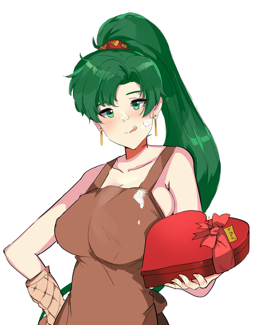:q absurdres apron blush bow box breasts brown_apron cleavage closed_mouth collarbone cream earrings eyebrows_visible_through_hair fire_emblem fire_emblem:_rekka_no_ken food food_on_face gift gift_box green_eyes green_hair hand_on_hip head_tilt heart heart-shaped_box high_ponytail highres holding holding_box holding_gift jewelry large_breasts long_hair looking_at_viewer lyndis_(fire_emblem) naked_apron nose_blush ormille oven_mitts red_bow simple_background smile solo tongue tongue_out very_long_hair white_background
