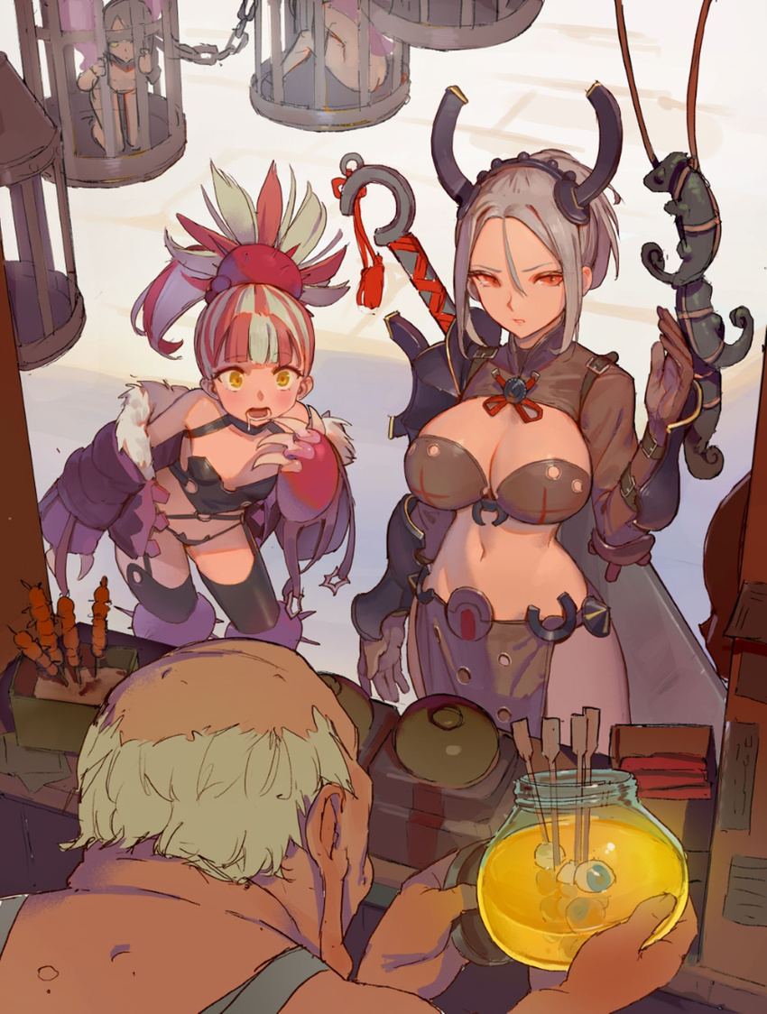 2girls breasts cage chain cleavage eyeball from_behind grey_hair highres holding large_breasts long_hair looking_at_another midriff multicolored_hair multiple_girls navel original short_hair tim_loechner
