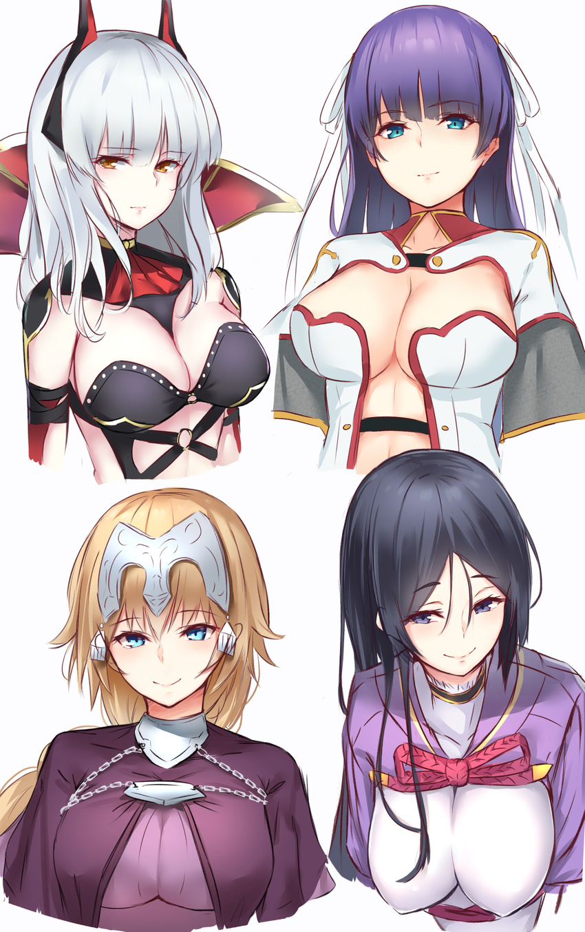 black_hair blonde_hair blue_eyes borushichi breasts breasts_apart brown_eyes carmilla_(fate/grand_order) chain cleavage collarbone detached_sleeves eyebrows_visible_through_hair fate/grand_order fate_(series) hair_between_eyes hair_ribbon highres jeanne_d'arc_(fate) jeanne_d'arc_(fate)_(all) large_breasts leaning_forward long_hair looking_at_viewer midriff minamoto_no_raikou_(fate/grand_order) multiple_girls ponytail purple_hair ribbon saint_martha silver_hair simple_background sketch smile stomach supportasse upper_body white_background white_ribbon