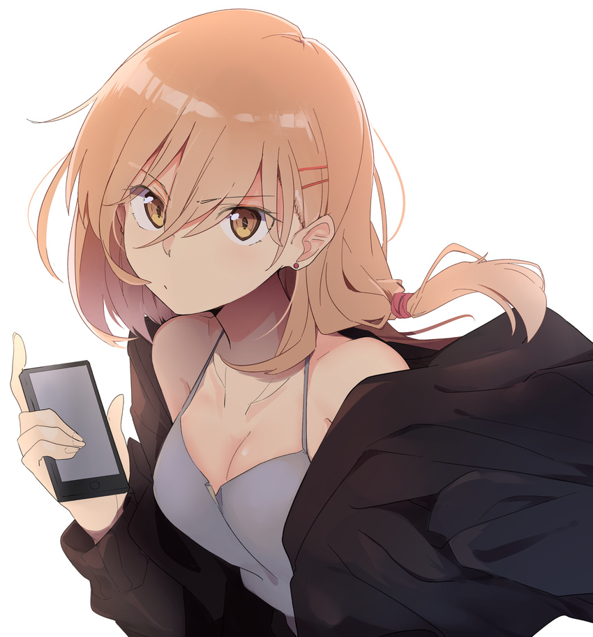 absurdres bangs bare_shoulders black_jacket breasts brown_eyes camisole cellphone cleavage closed_mouth collarbone hair_between_eyes hair_ornament hair_tie hairclip highres holding holding_phone jacket kazenoko long_hair looking_at_viewer low-tied_long_hair low_ponytail medium_breasts off_shoulder open_clothes open_jacket orange_hair original phone serious shiny shiny_hair simple_background smartphone solo spaghetti_strap upper_body v-shaped_eyebrows white_background