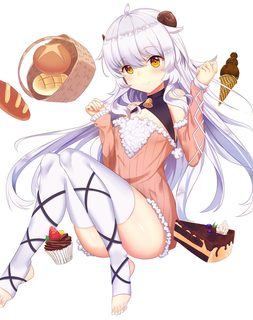 bad_id bad_pixiv_id bangs basket bell bencao_gangmu_(19) bread cake convenient_leg cupcake detached_sleeves dress eyebrows_visible_through_hair flat_chest food fruit full_body fur-trimmed_sleeves fur_trim highres ice_cream knees_together_feet_apart knees_up legs_up long_hair long_sleeves looking_at_viewer original pink_dress pink_sweater pom_pom_(clothes) shiny shiny_hair shiny_skin silver_hair simple_background sitting sleeves_past_wrists slice_of_cake solo stirrup_legwear strawberry striped sweater sweater_dress thighhighs toeless_legwear vertical_stripes very_long_hair w_arms white_background white_legwear yellow_eyes