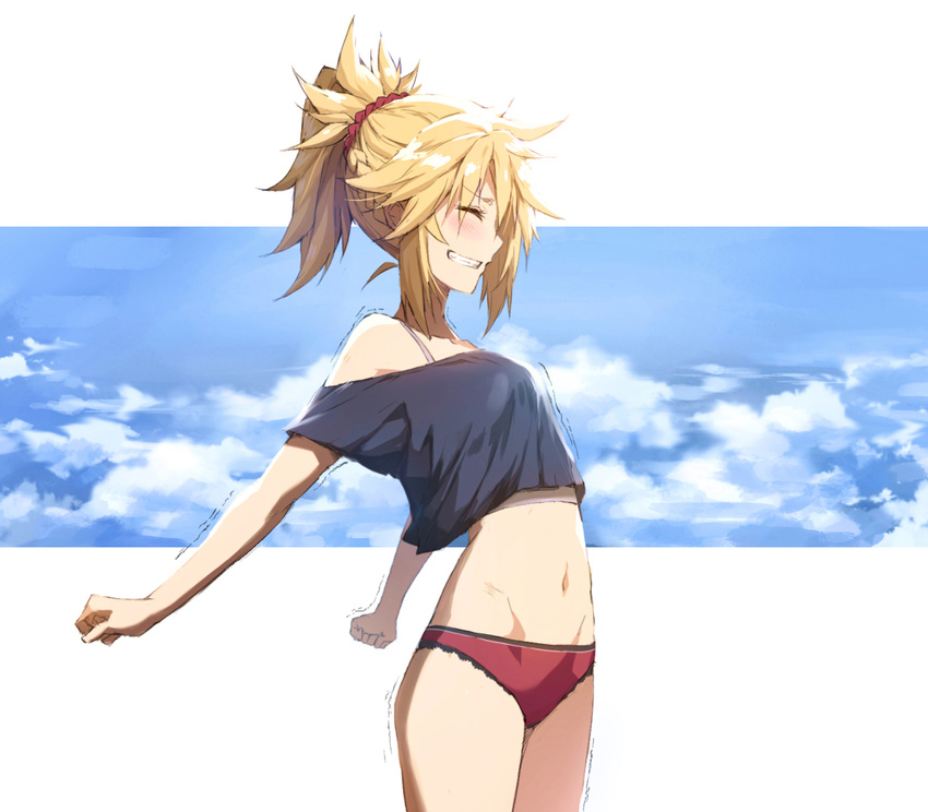 ^_^ blonde_hair blue_sky blush bra braid breasts closed_eyes closed_mouth cloud cloudy_sky commentary_request cowboy_shot crop_top day fate/apocrypha fate_(series) from_side grin mordred_(fate) mordred_(fate)_(all) navel off-shoulder_shirt outside_border outstretched_arms panties ponytail red_panties shirt sidelocks sky small_breasts smile solo stretch tonee trembling underwear