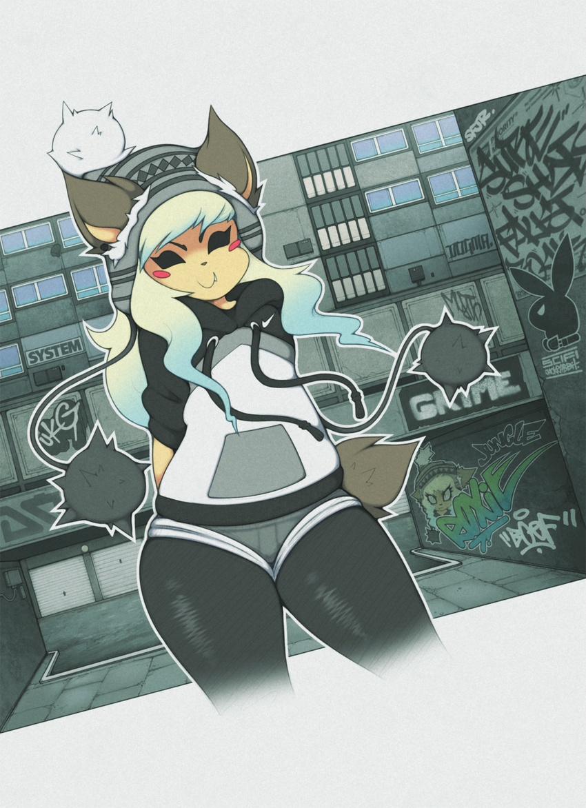 2017 anthro beanie blonde_hair blush blush_stickers breasts canine clothing detailed_background digital_media_(artwork) dog fangs female flat_chested fur graffiti hair hands_behind_back hat hoodie mammal multicolored_fur nike outside roxie_pepper shorts small_breasts smutbunny solo thick_thighs urban wide_hips