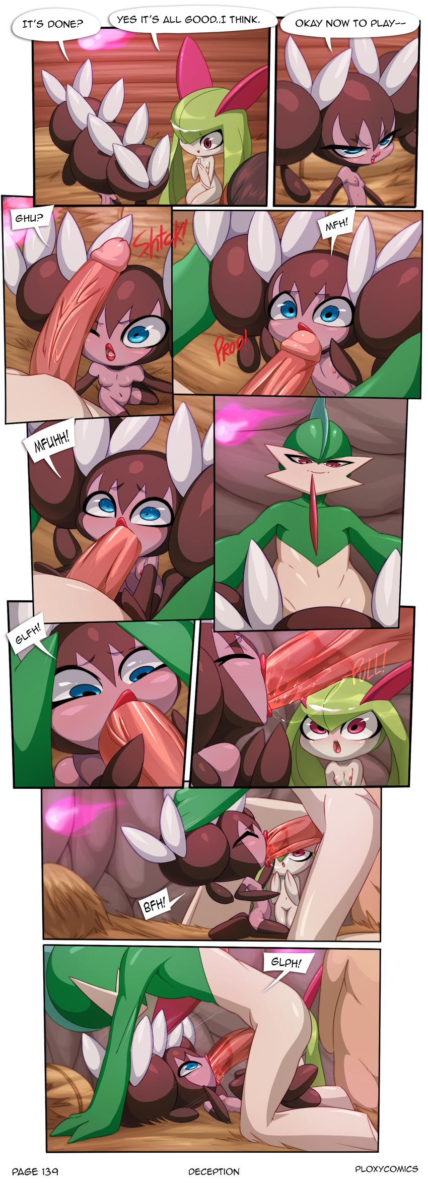 2018 blue_eyes breasts comic english_text eyes_closed female gallade gothorita half-closed_eyes kirlia larger_male male male/female masterploxy nintendo not_furry one_eye_closed open_mouth oral penis pok&eacute;mon pok&eacute;mon_(species) purple_eyes red_eyes size_difference small_breasts smaller_female speech_bubble teeth text video_games young