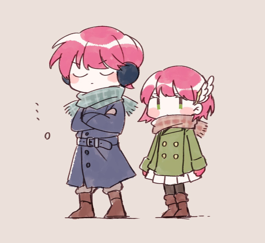 alternate_costume boots brother_and_sister chibi closed_eyes coat crossed_arms earmuffs feathers fire_emblem fire_emblem:_rekka_no_ken hair_ornament priscilla_(fire_emblem) raven_(fire_emblem) red_hair scarf short_hair siblings sisuko1016 winter_clothes