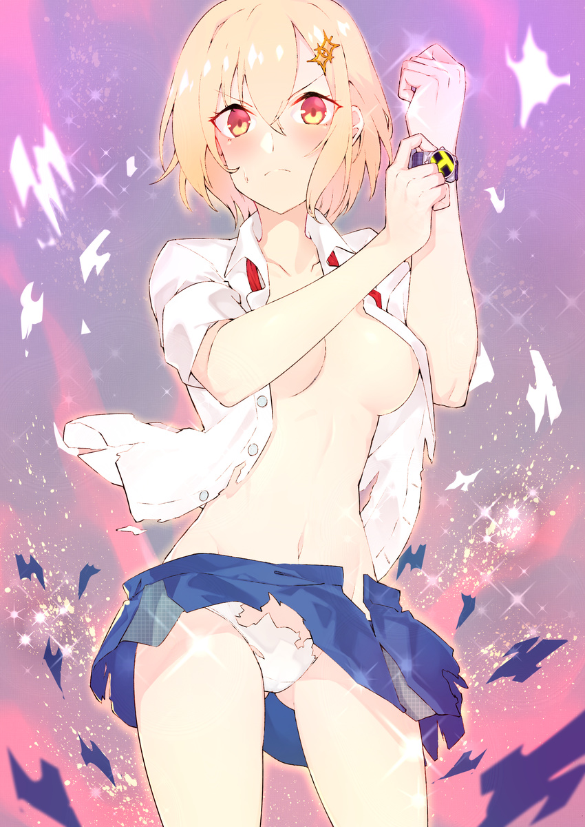 absurdres ass_visible_through_thighs blonde_hair blue_skirt blush bracelet breasts cleavage closed_mouth collared_shirt commentary_request cowboy_shot dokyuu_hentai_hxeros hair_ornament hairclip hati105 highres hoshino_kirara jewelry looking_at_viewer medium_breasts miniskirt navel no_bra panties red_eyes shirt short_hair short_sleeves skirt solo sparkle standing torn_clothes torn_panties torn_shirt torn_skirt unbuttoned unbuttoned_shirt underwear v-shaped_eyebrows white_shirt