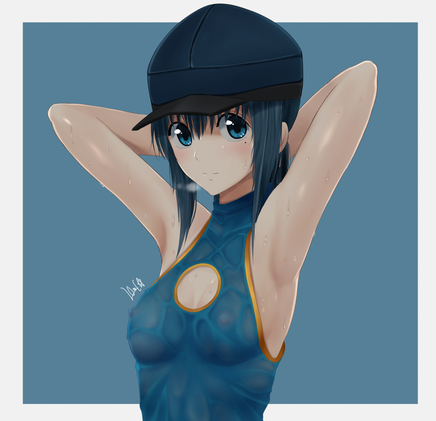 armpits arms_behind_head arms_up bad_id bad_pixiv_id bangs bare_arms bare_shoulders blue_background blue_eyes blue_hair blue_hat border breasts cabbie_hat cleavage cleavage_cutout closed_mouth covered_nipples grey_border hat highres looking_at_viewer love_(pspdspsp) medium_breasts medium_hair original signature simple_background sleeveless smile solo upper_body water water_drop wet wet_clothes