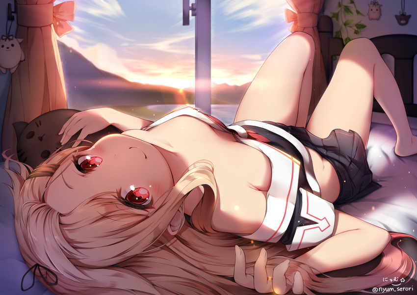 alternate_hairstyle artist_name bare_legs bare_shoulders barefoot bed bed_sheet black_ribbon black_serafuku black_skirt blonde_hair blush breasts breasts_apart closed_mouth cloud crop_top curtains downblouse hair_ribbon hair_slicked_back highres ivy kantai_collection knees_up lens_flare light_rays long_hair lying midriff morning nyum off_shoulder on_bed plant pleated_skirt red_eyes remodel_(kantai_collection) ribbon school_uniform serafuku short_sleeves signature skirt sleeve_cuffs small_breasts smile solo stuffed_animal stuffed_cat stuffed_toy sunlight sunrise tareme the_yuudachi-like_creature twitter_username yuudachi_(kantai_collection)