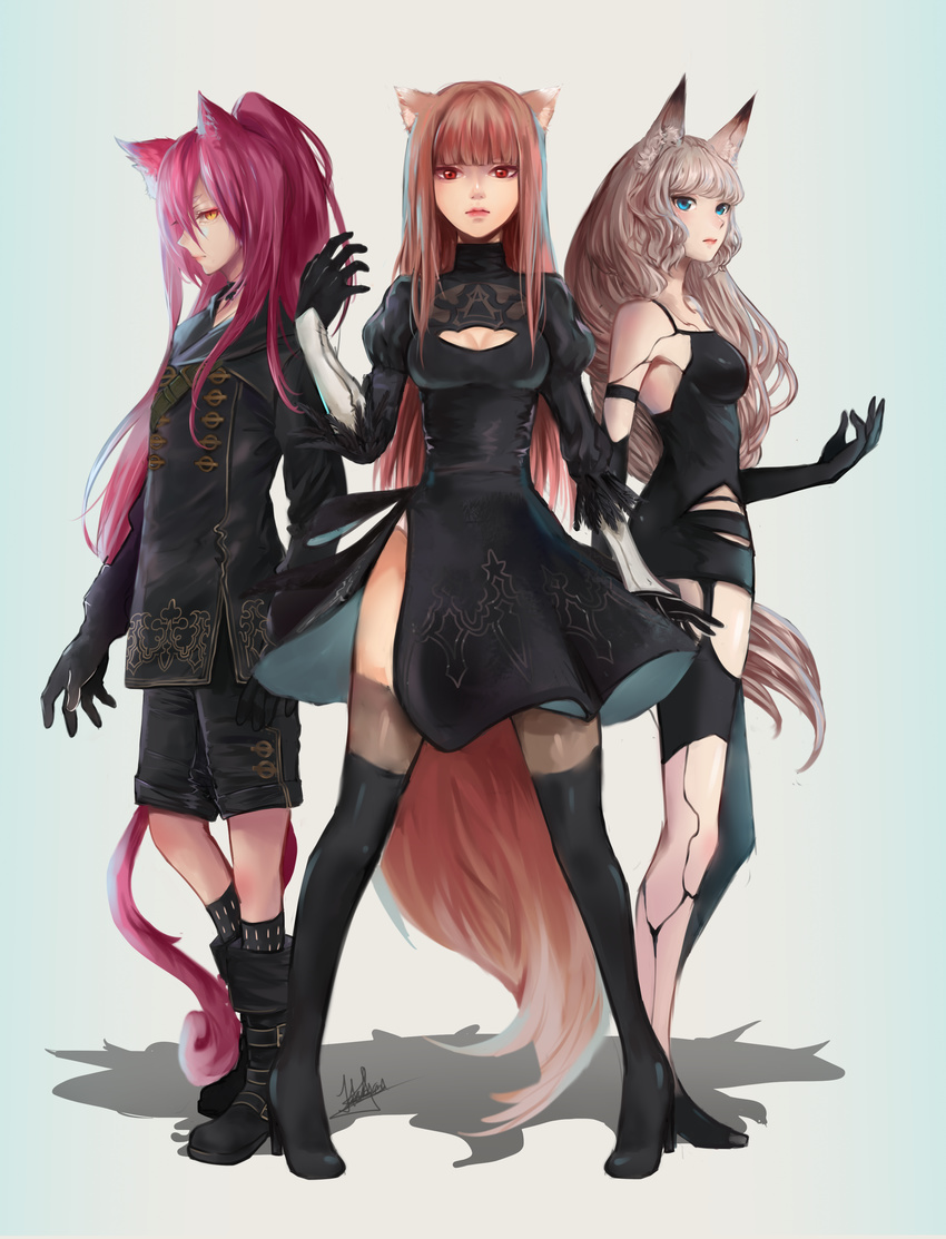 absurdres animal_ears black_dress black_gloves black_jacket black_shorts blazblue blue_eyes boots cat_ears cat_tail cleavage_cutout commentary cosplay ddrake13 dress feather-trimmed_sleeves fox_ears full_body gloves high_heel_boots high_heels highres holo jacket kokonoe leotard long_hair multiple_girls nier_(series) nier_automata no_blindfold oboro_muramasa pink_hair red_eyes robot_joints shorts side_cutout silver_hair socks spice_and_wolf tail very_long_hair wavy_hair white_leotard wolf_ears wolf_tail yorha_no._2_type_b yorha_no._2_type_b_(cosplay) yorha_no._9_type_s yorha_no._9_type_s_(cosplay) yorha_type_a_no._2 yorha_type_a_no._2_(cosplay) yuzuruha