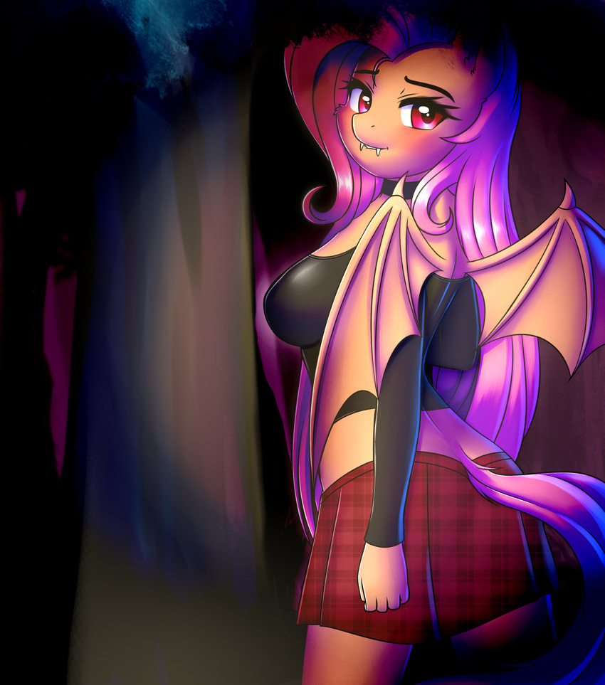 2017 absurd_res anthro bat_pony bat_wings blush breasts butt_pose clothing digital_media_(artwork) equine fangs female flutterbat_(mlp) fluttershy_(mlp) friendship_is_magic hair hi_res long_hair looking_at_viewer mammal membranous_wings my_little_pony outside skirt solo twistedscarlett60 wings