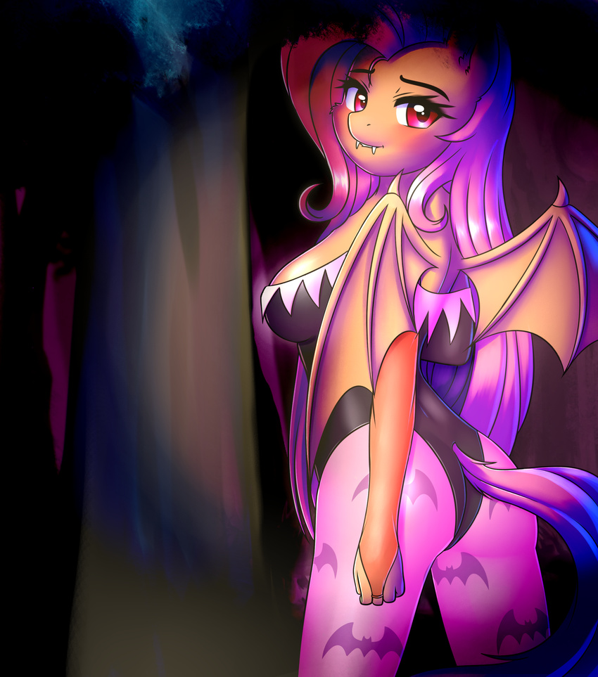 2017 absurd_res anthro bat_pony bat_wings blush breasts butt_pose capcom clothing cosplay darkstalkers digital_media_(artwork) equine fangs female flutterbat_(mlp) fluttershy_(mlp) friendship_is_magic hair hi_res long_hair looking_at_viewer mammal membranous_wings morrigan_aensland my_little_pony solo tight_clothing twistedscarlett60 video_games wings