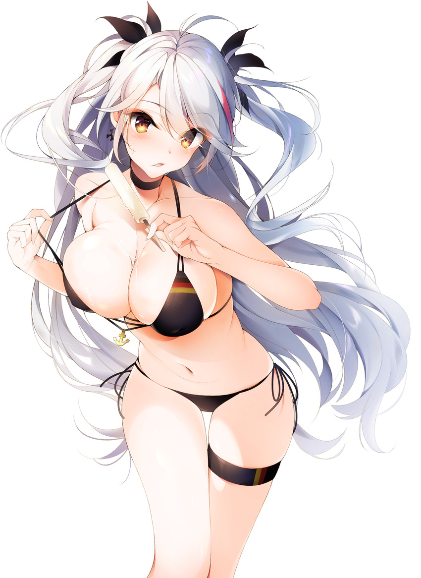 anchor azur_lane bangs bikini bikini_pull black_bikini black_bow blush bow breasts brown_eyes cleavage commentary_request eyebrows_visible_through_hair food hair_bow hands_up highlights highres holding holding_food kisaragi_kiriha large_breasts leaning_forward long_hair looking_at_viewer multicolored_hair navel open_mouth popsicle prinz_eugen_(azur_lane) side-tie_bikini silver_hair simple_background solo swimsuit thigh_gap thigh_strap thighs tsurime two_side_up white_background