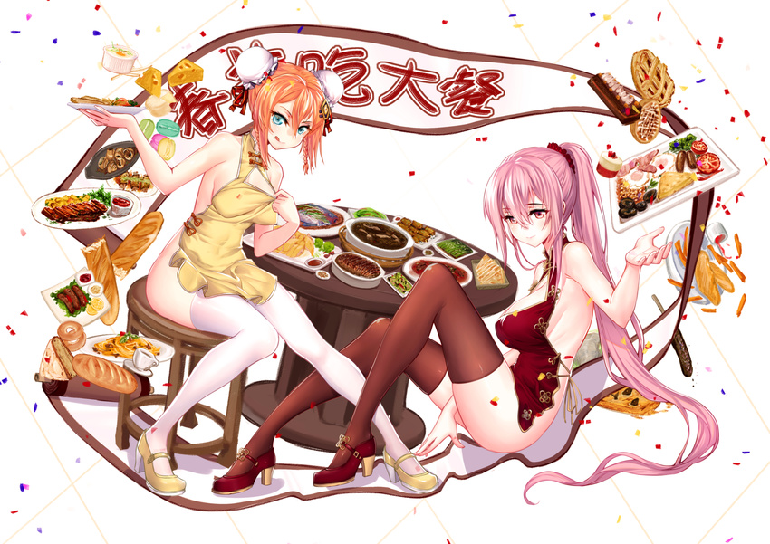 absurdres apron black_legwear blue_eyes bread breasts bun_cover chair china_dress chinese_clothes cleavage cleavage_cutout covered_nipples double_bun dress exeter_(zhan_jian_shao_nyu) food graphite_(medium) hair_between_eyes high_heels highres large_breasts long_hair looking_at_viewer multiple_girls naked_apron onceskylark orange_hair pink_eyes pink_hair ponytail red_apron red_footwear red_scrunchie scrunchie sideboob sidelocks sitting table thighhighs traditional_media tray very_long_hair white_legwear yellow_apron yellow_footwear york_(zhan_jian_shao_nyu) zhan_jian_shao_nyu