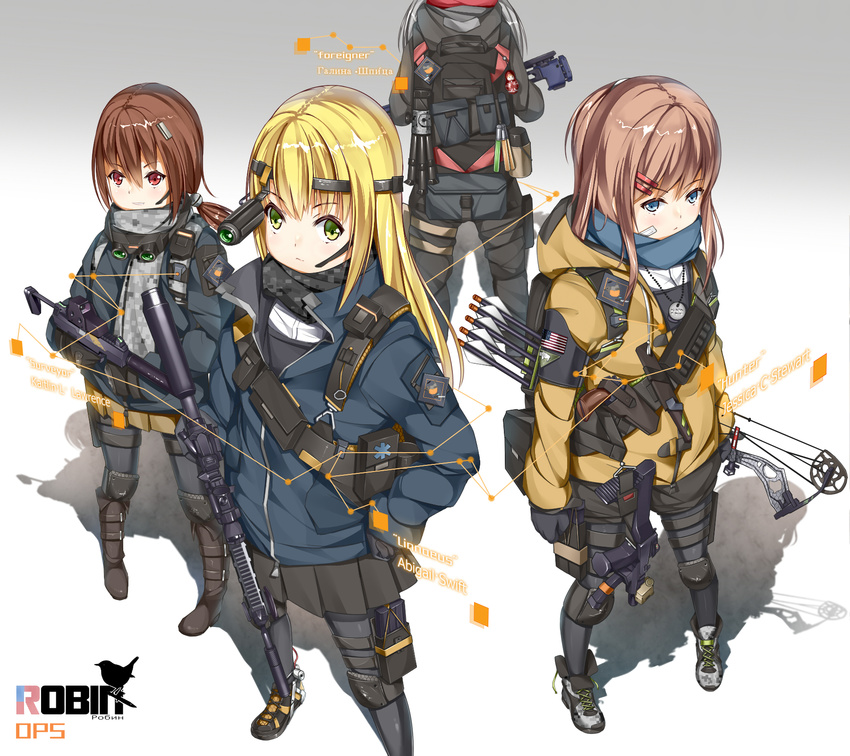 aek-919 ar-15 arrow backpack bag bandaid bandaid_on_face blonde_hair blue_eyes boots bow_(weapon) brown_hair character_name compound_bow english glowstick goggles green_eyes gun h&amp;k_ump hair_ornament hairclip handgun heckler_&amp;_koch highres holding holding_gun holding_weapon jacket jewelry knee_pads knife long_hair matryoshka_doll monocular multiple_girls necklace night_vision_device orange_eyes original pouch quiver revolver rifle russian scarf submachine_gun suppressor tripod weapon yakumo_ling