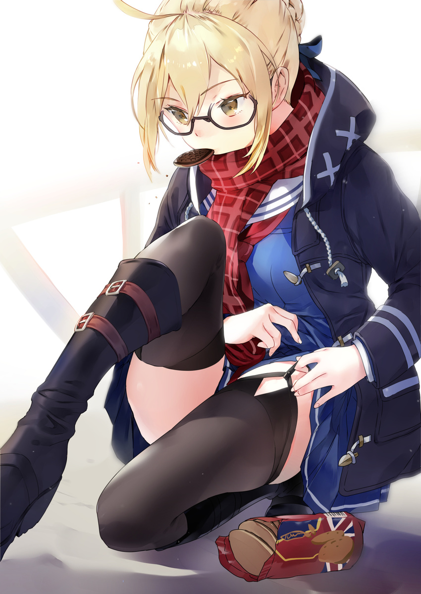 ahoge artoria_pendragon_(all) bangs belt_boots black_legwear blonde_hair boots buckle coat commentary_request cookie eating eyebrows_visible_through_hair fate/grand_order fate_(series) food glasses hair_between_eyes highres looking_down macciatto_(aciel02) multicolored multicolored_clothes mysterious_heroine_x_(alter) scarf short_hair sitting solo thighhighs white_background yellow_eyes