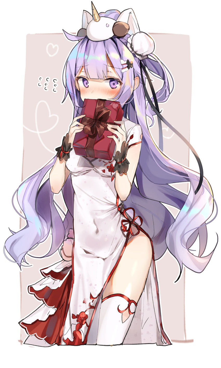 absurdres azur_lane bangs blunt_bangs blush box breasts bun_cover china_dress chinese_clothes commentary_request covered_mouth covered_navel dress eyebrows_visible_through_hair flying_sweatdrops gift gift_box groin hair_bun heart highres holding holding_gift long_hair looking_at_viewer nose_blush on_head one_side_up pelvic_curtain purple_eyes purple_hair sabet_(young_ouo) short_sleeves side_bun side_slit small_breasts solo stuffed_alicorn stuffed_animal stuffed_toy thighhighs unicorn_(azur_lane) very_long_hair white_dress white_legwear wrist_cuffs