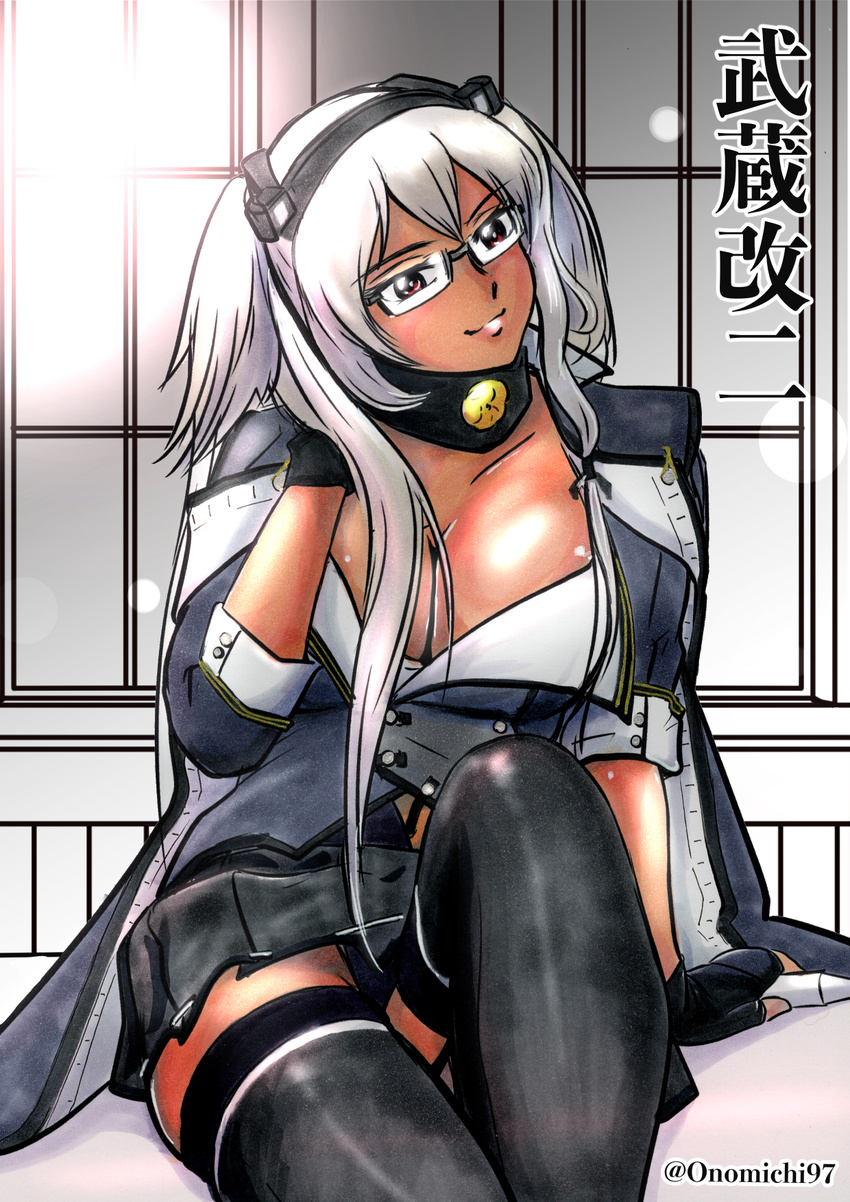 breasts commentary_request crossed_legs dark_skin glasses highres jacket_on_shoulders kantai_collection musashi_(kantai_collection) onomichi_(528959) remodel_(kantai_collection) solo tan twitter_username white_hair