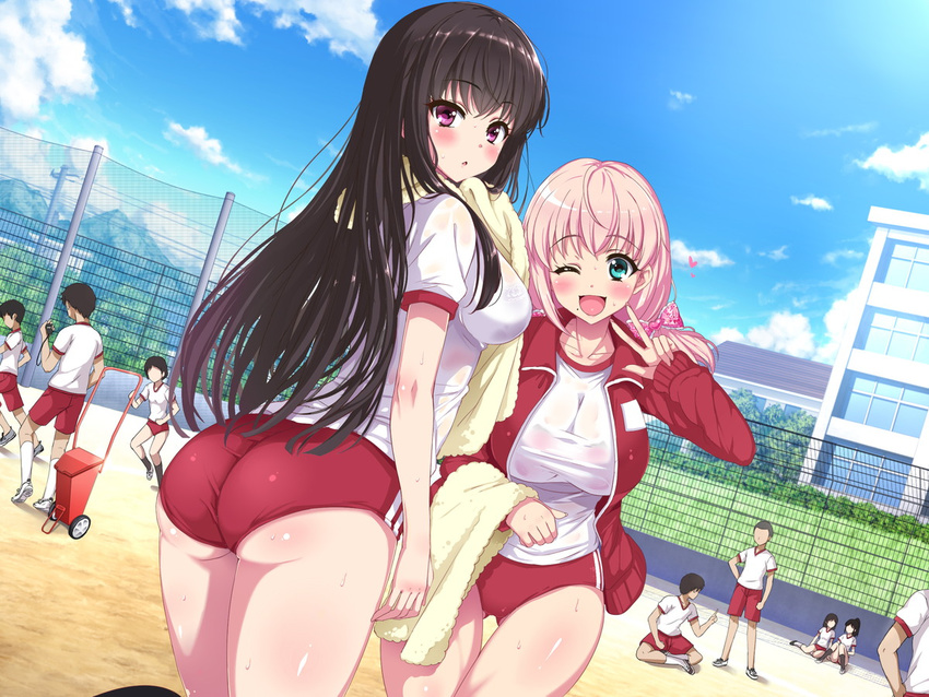 4girls ass bare_thighs black_hair blast_(lyricbox) bloomers blush breasts building buruma clouds day dutch_angle eyebrows eyebrows_visible_through_hair from_behind grass green_eyes gym_uniform hair_between_eyes hair_ribbon happy highres jacket large_breasts legs long_hair long_sleeves lyricbox medium_breasts mountain multiple_boys multiple_girls open_jacket open_mouth original outdoors parted_lips pink_eyes pink_hair public ribbon running sideboob sitting sky smile standing thigh_gap thighs twintails v wet wet_clothes wink