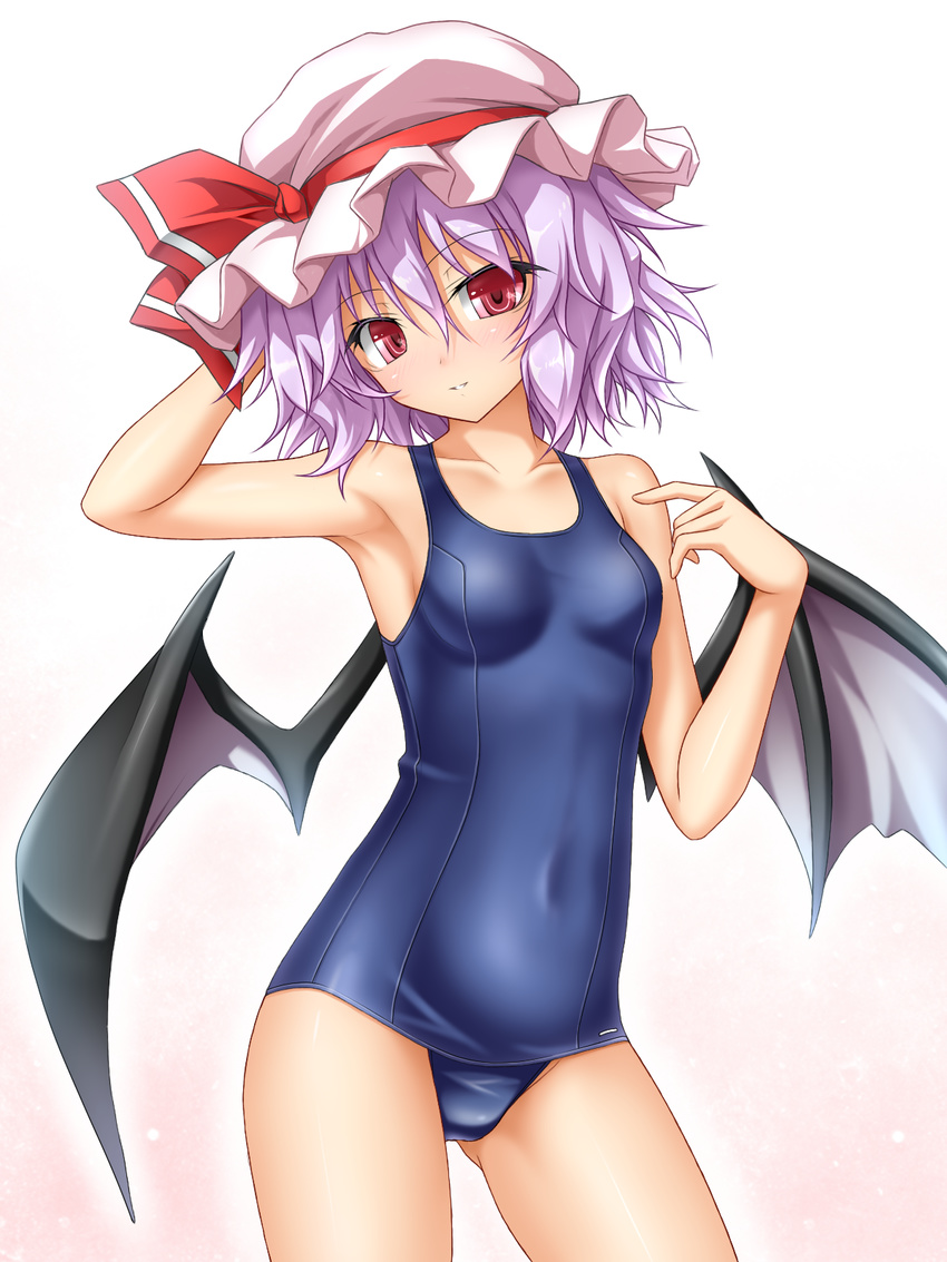alpha_transparency alternate_costume arm_behind_head arm_up armpits ass_visible_through_thighs bat_wings black_wings blue_swimsuit blush breasts collarbone contrapposto covered_navel cowboy_shot eyebrows_visible_through_hair gradient gradient_background hair_between_eyes hat hat_ribbon highres looking_at_viewer mob_cap old_school_swimsuit one-piece_swimsuit parted_lips pink_hair pointing pointing_at_self red_eyes red_ribbon remilia_scarlet ribbon roura school_swimsuit skin_tight small_breasts solo standing swimsuit touhou transparent_background white_hat wings