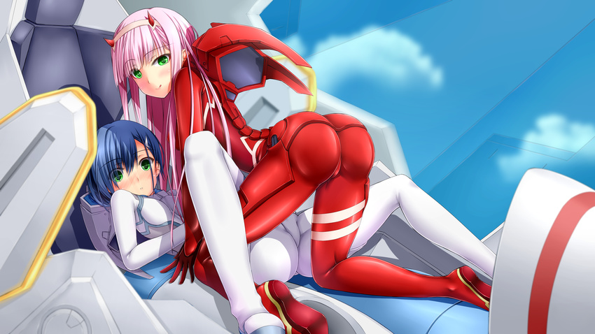 2girls artist_request ass blue_hair blush bodysuit boots breasts cockpit darling_in_the_franxx green_eyes hairband horns ichigo_(darling_in_the_franxx) long_hair looking_at_viewer multiple_girls pink_hair red_bodysuit shiny shiny_clothes shiny_hair short_hair skin_tight smile very_long_hair white_bodysuit zero_two_(darling_in_the_franxx)