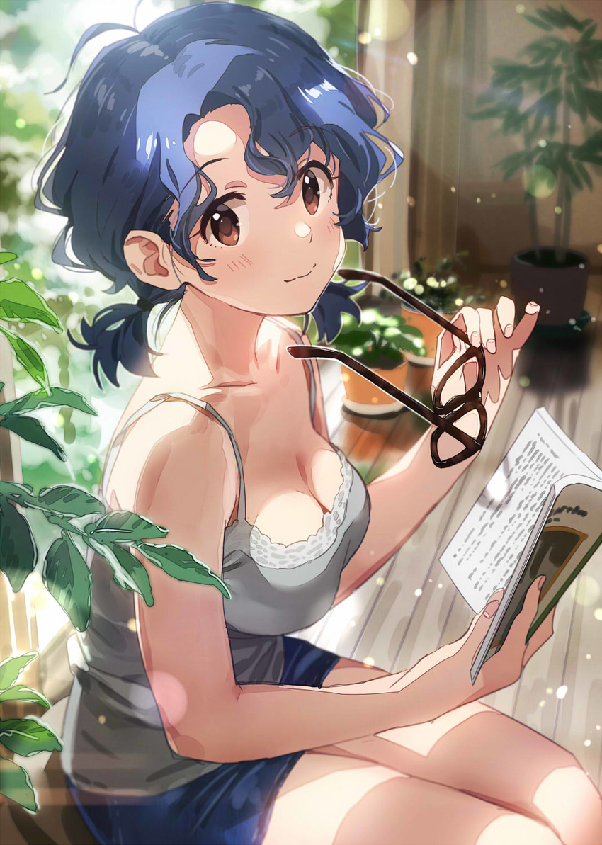 bare_shoulders black-framed_eyewear blush book breasts camisole cleavage closed_mouth collarbone day denim denim_shorts eyebrows_visible_through_hair eyewear_removed from_side highres holding holding_book holding_eyewear idolmaster idolmaster_million_live! indoors leaf lens_flare light_rays looking_at_viewer looking_to_the_side low_ponytail medium_breasts nail_polish open_book pink_nails plant potted_plant shiny shiny_hair short_hair short_shorts shorts sitting sleeveless smile solo sonsoso spaghetti_strap sunbeam sunlight thighs toyokawa_fuuka wooden_floor