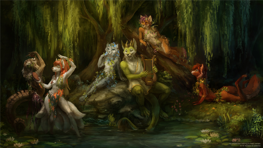 anthro canine clothed clothing convenient_censorship dancing dragon feline female fox group hair harp horn lily_pad male mammal mostly_nude musical_instrument nymph open_mouth outside plant reclining saterina sitting stone tree water