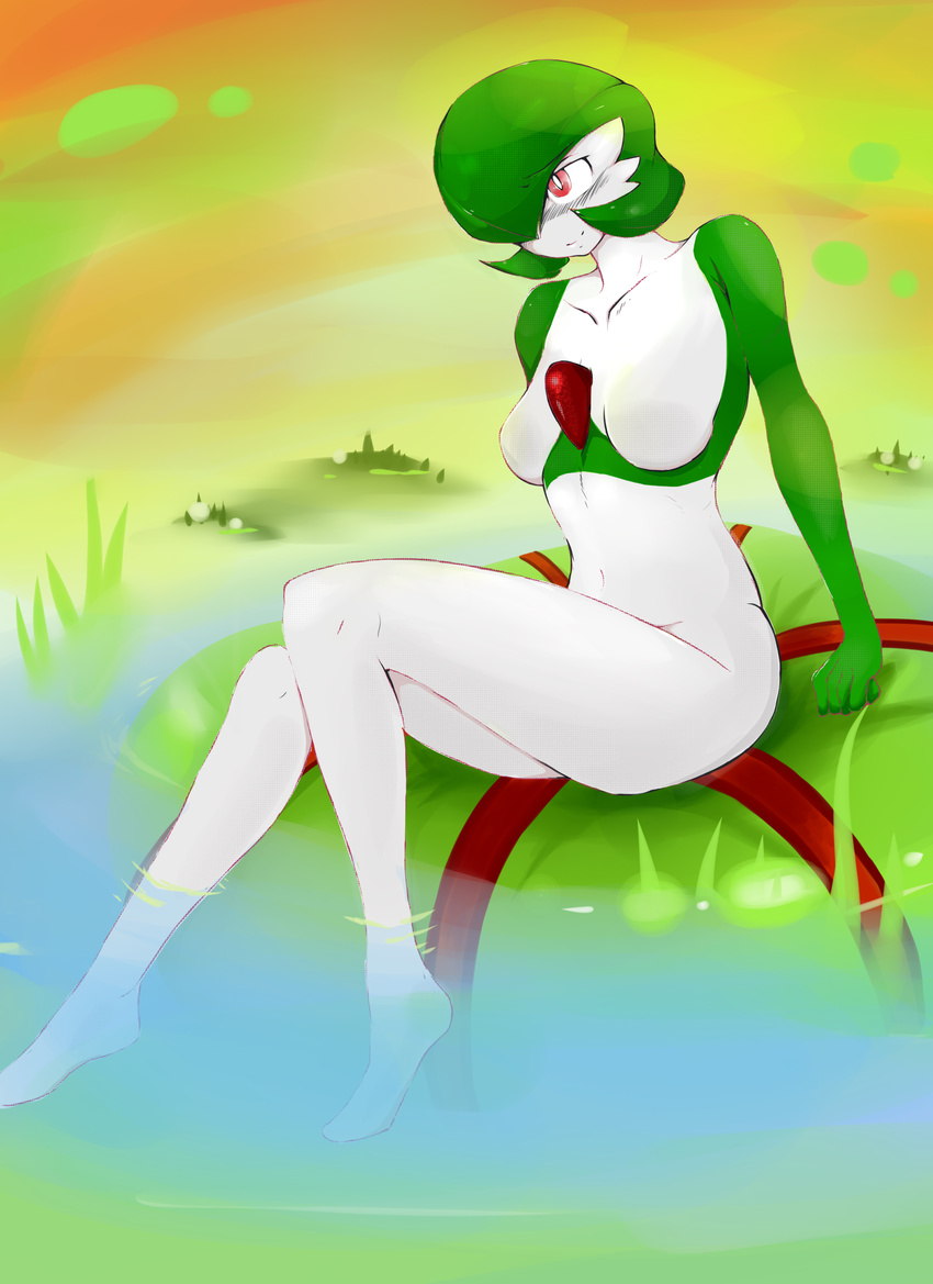 anthro ashraely breasts butt day featureless_breasts female gardevoir grass green_hair hair humanoid mammal navel nintendo nude outside pok&eacute;mon pok&eacute;mon_(species) red_eyes sitting smile solo video_games water