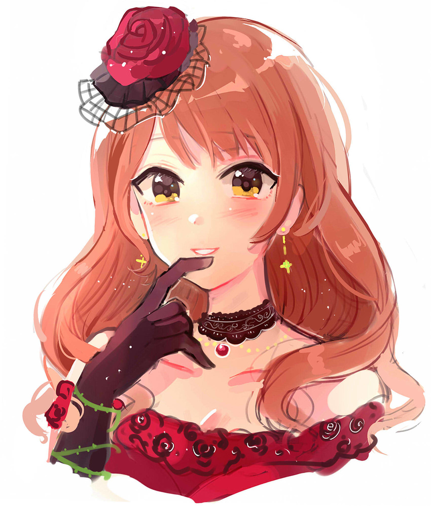 bangs bare_shoulders black_gloves blush breasts choker cleavage collarbone dress earrings elbow_gloves eyebrows_visible_through_hair finger_to_chin flower gloves hair_flower hair_ornament highres houjou_karen idolmaster idolmaster_cinderella_girls idolmaster_cinderella_girls_starlight_stage jewelry long_hair looking_at_viewer love_destiny orange_hair red_dress rose shiny shiny_hair simple_background small_breasts smile solo thorns tomato_omurice_melon white_background yellow_eyes